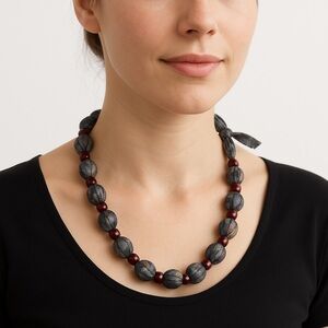 Handmade Fabric-Covered Bead Necklace in Grey & Burgundy